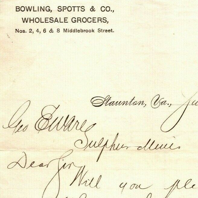 1894 Scarce Bowling, Spotts & Co. Groceries Staunton, VA Letterhead Billhead