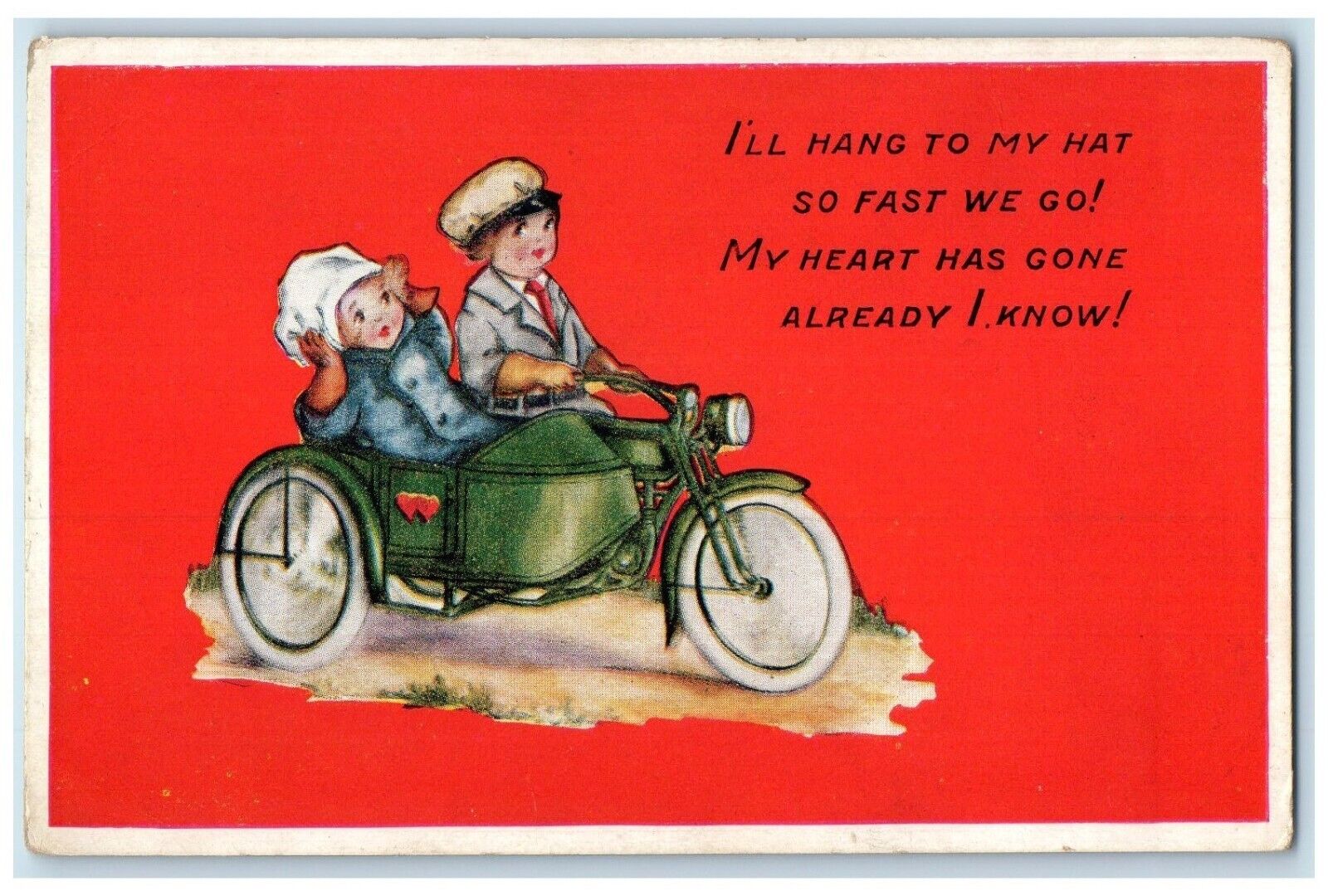 c1910\'s Motorcycle Driving Fast I\'ll Hang To My Hat So Fast We Go Postcard