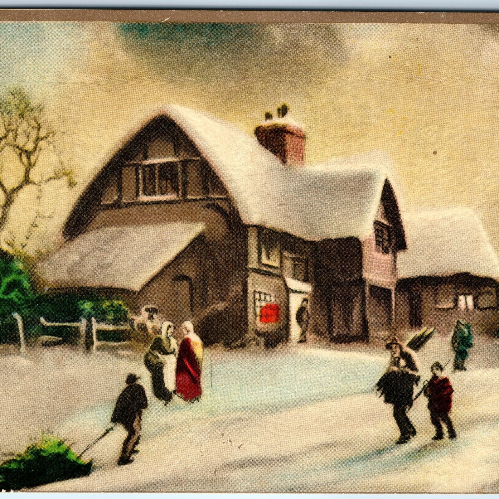 c1930s Lovely People House Merry Christmas Greetings Card Xmas Fold Color 5A