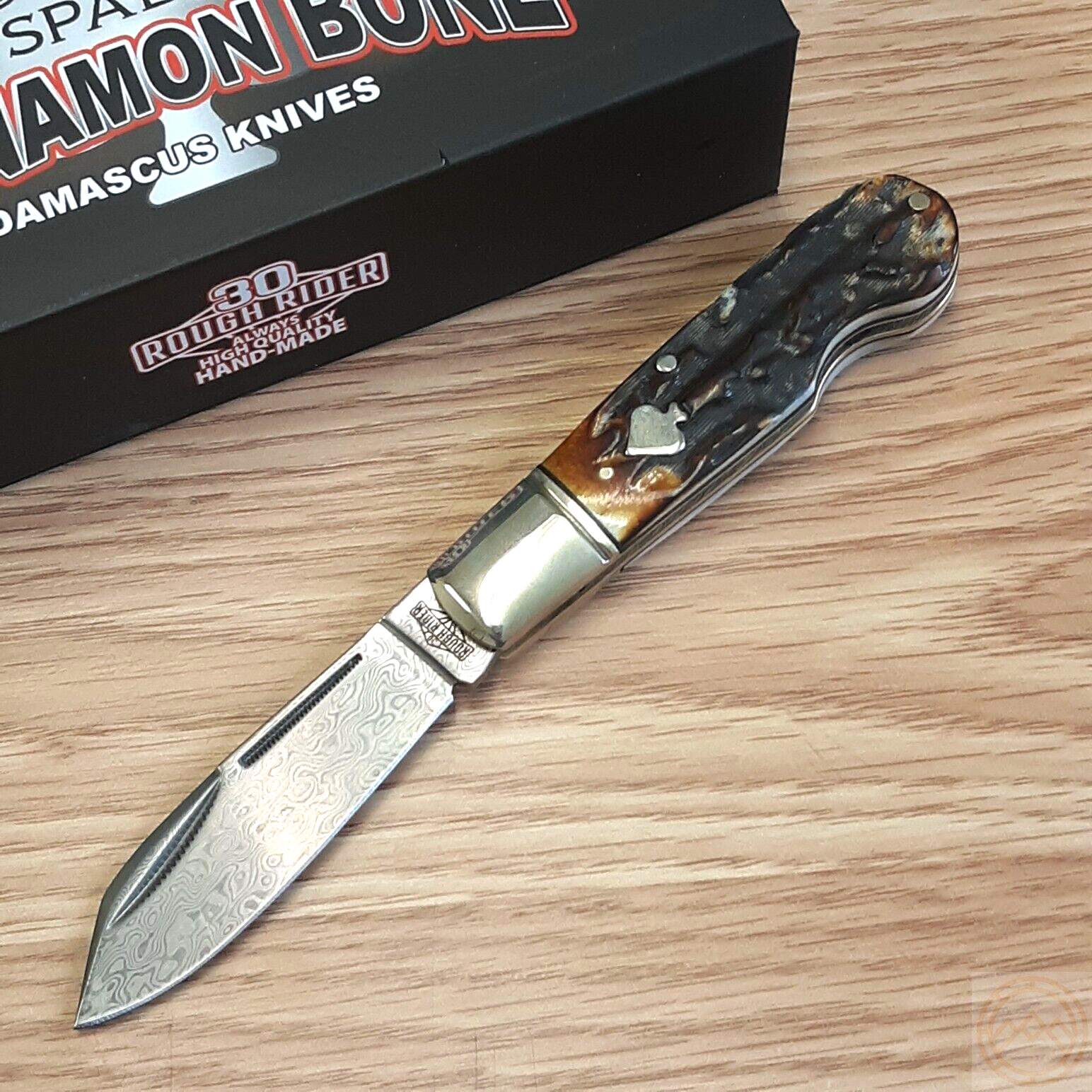Rough Ryder EO Jack Cinnamon Folding Pocket Knife Damascus Blade Bone Handle