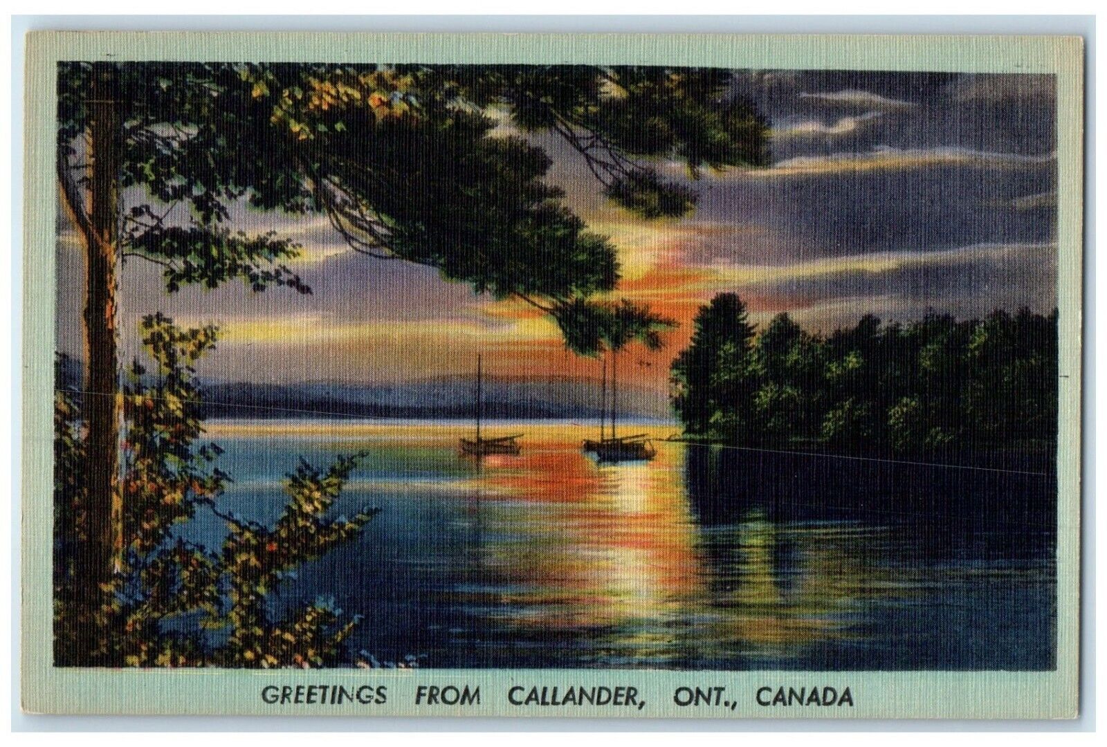 c1930s Boat Sunset View Greetings from Callander Ontario Canada Vintage Postcard