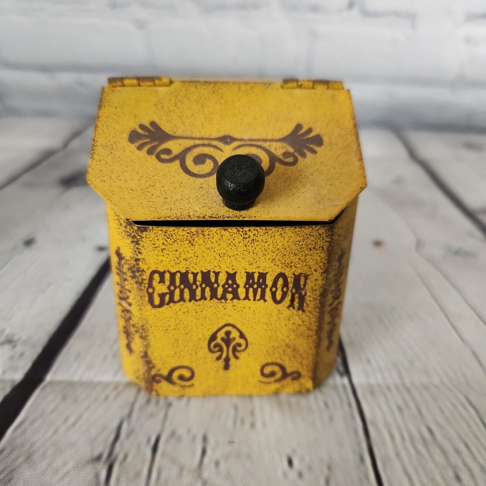 Vintage Cinnamon Spice Tin Hinged Lid Yellow 