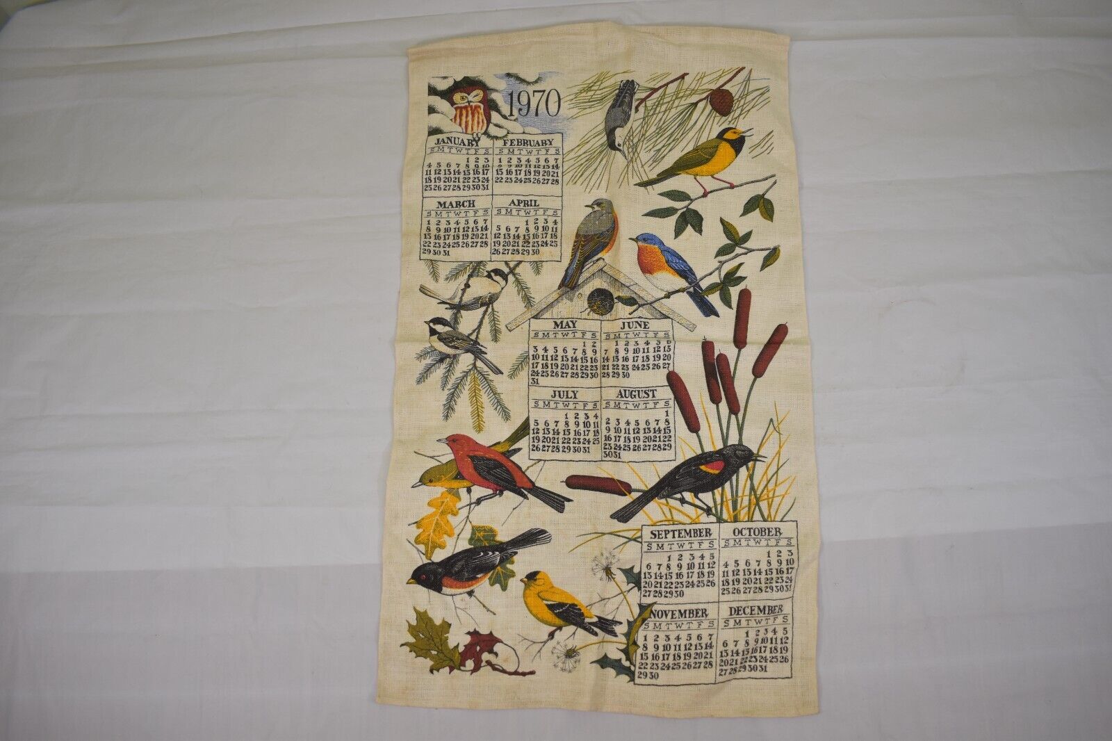 Vintage Cloth Linen Calendar Kitchen Tea Towel 1970 Song Birds