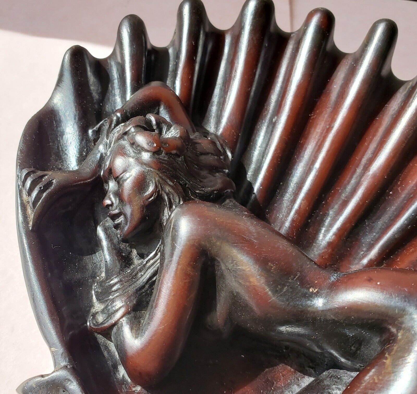 Wood carving Nude Woman Clam Bowl Dish 