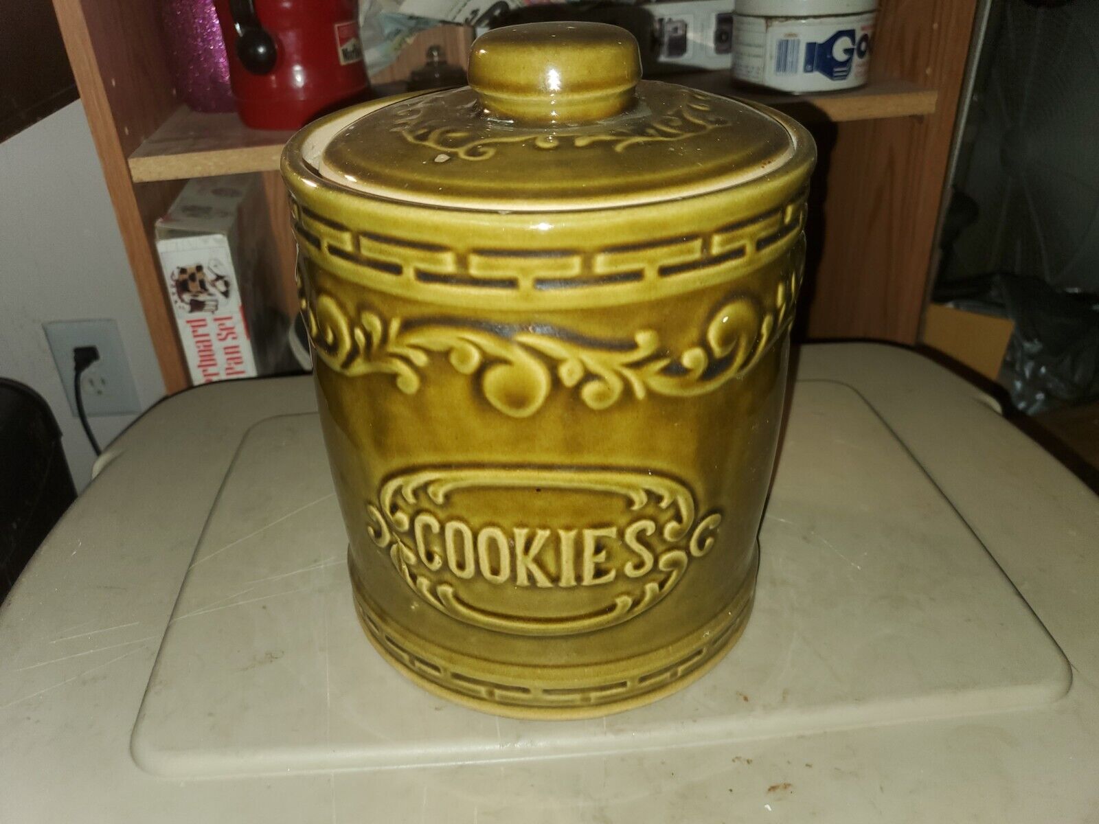 1960s Vintage Monmouth Stoneware Pottery Cookie Jar. Avacado Green