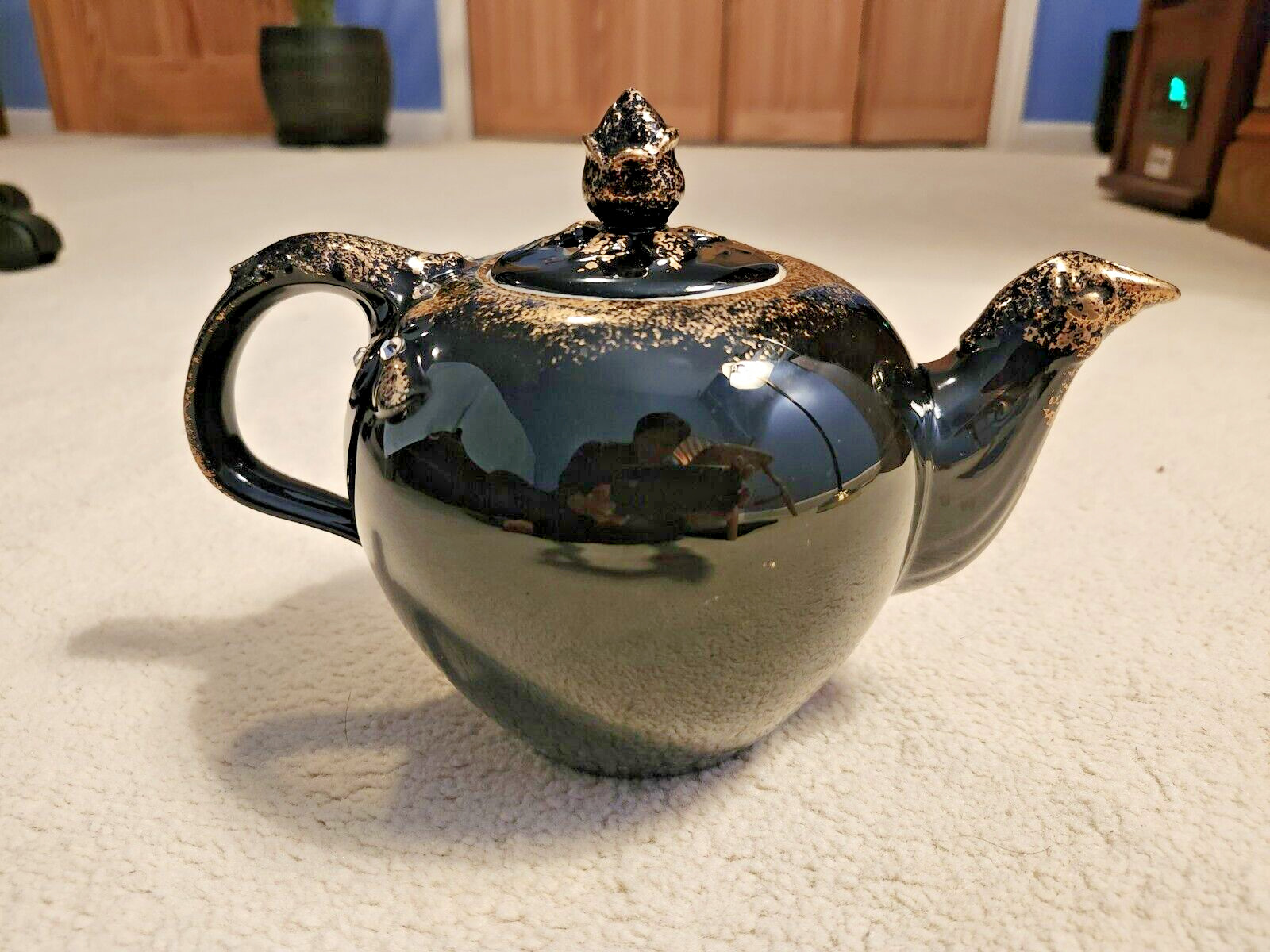 Rare Vintage 1940 Black HALL Teapot with Gold Trim and Crystal Diamond Settings