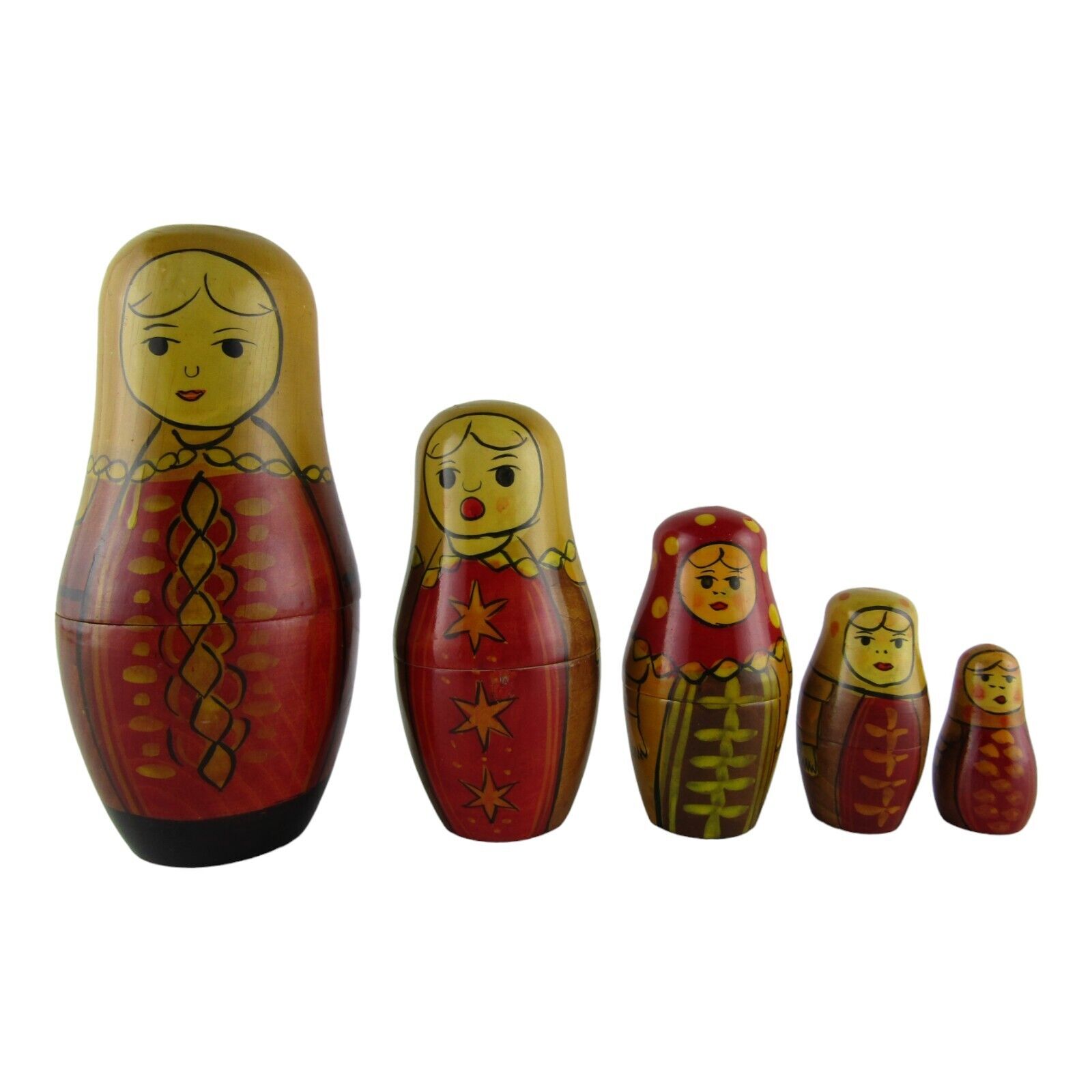 Vintage USSR Russian Nesting Matryoshka Wooden Hand Painted Stacking Dolls 5 Pc