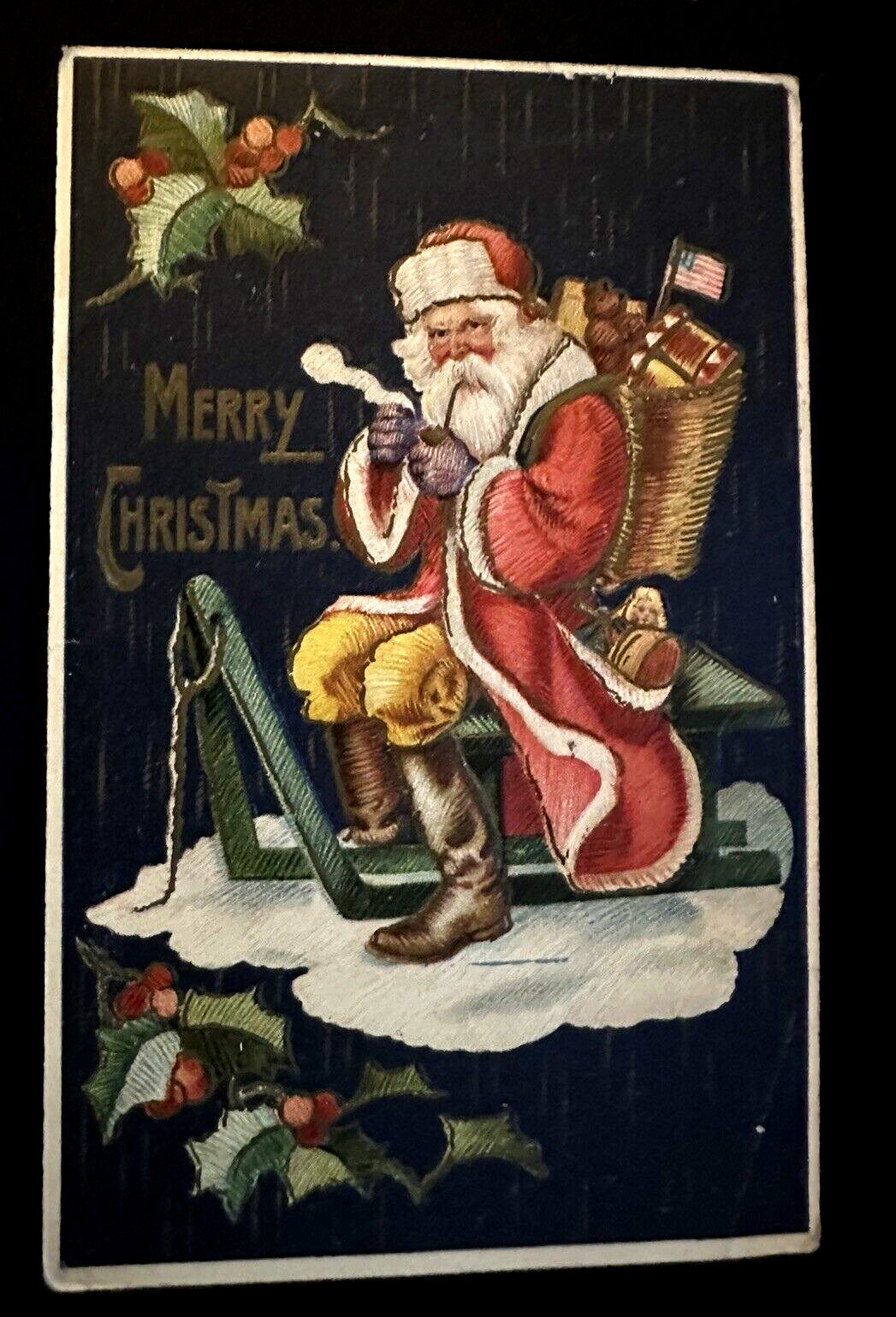 Patriotic ~Santa Claus~Yellow Pants on Sled~Flag~Antique Christmas Postcard~k257