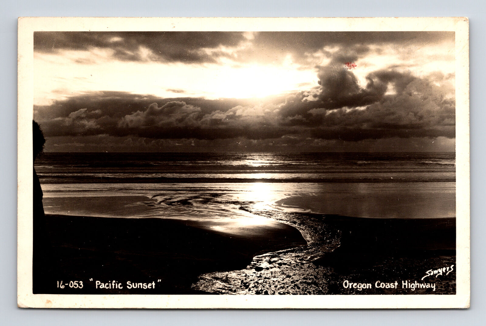 SAWYERS RPPC Pacific Sunset Beach View Oregon Coast Highway Postcard