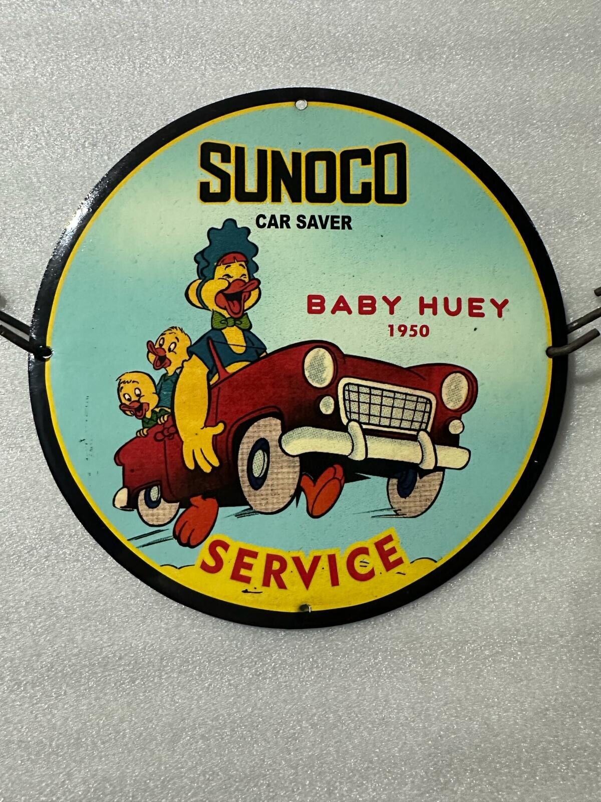 SUNOCO SERVICE BABY HUEY PORCELAIN ENAMEL GAS MOTOR OIL REPAIR PUMP PLATE SIGN
