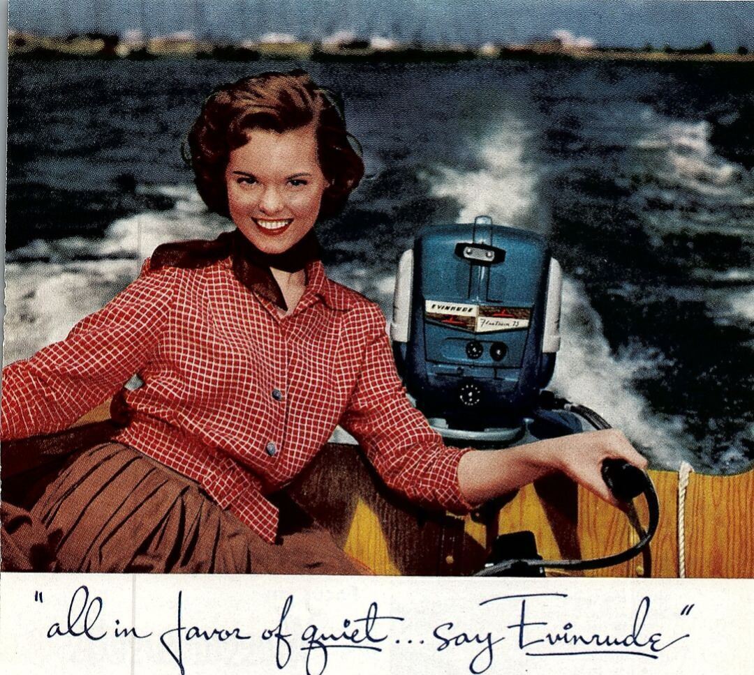 1950s EVINRUDE BOAT MOTOR BEAUTIFUL WOMAN DRIVING BOAT MAGAZINE AD 26-34