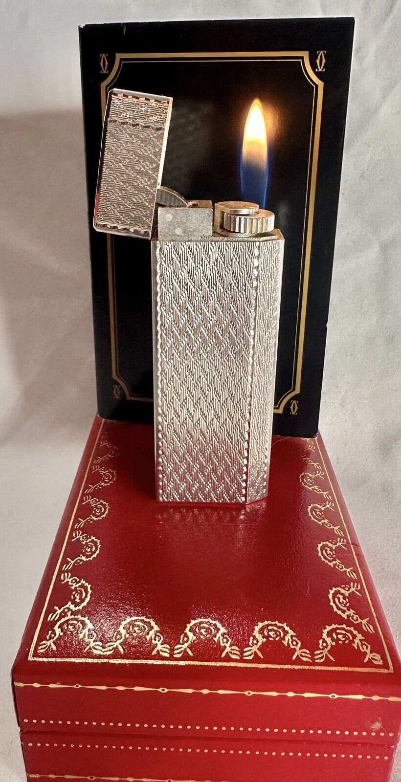 Les Must de CARTIER Vintage Silver Pentagon Lighter~Original Box+Papers~Mint