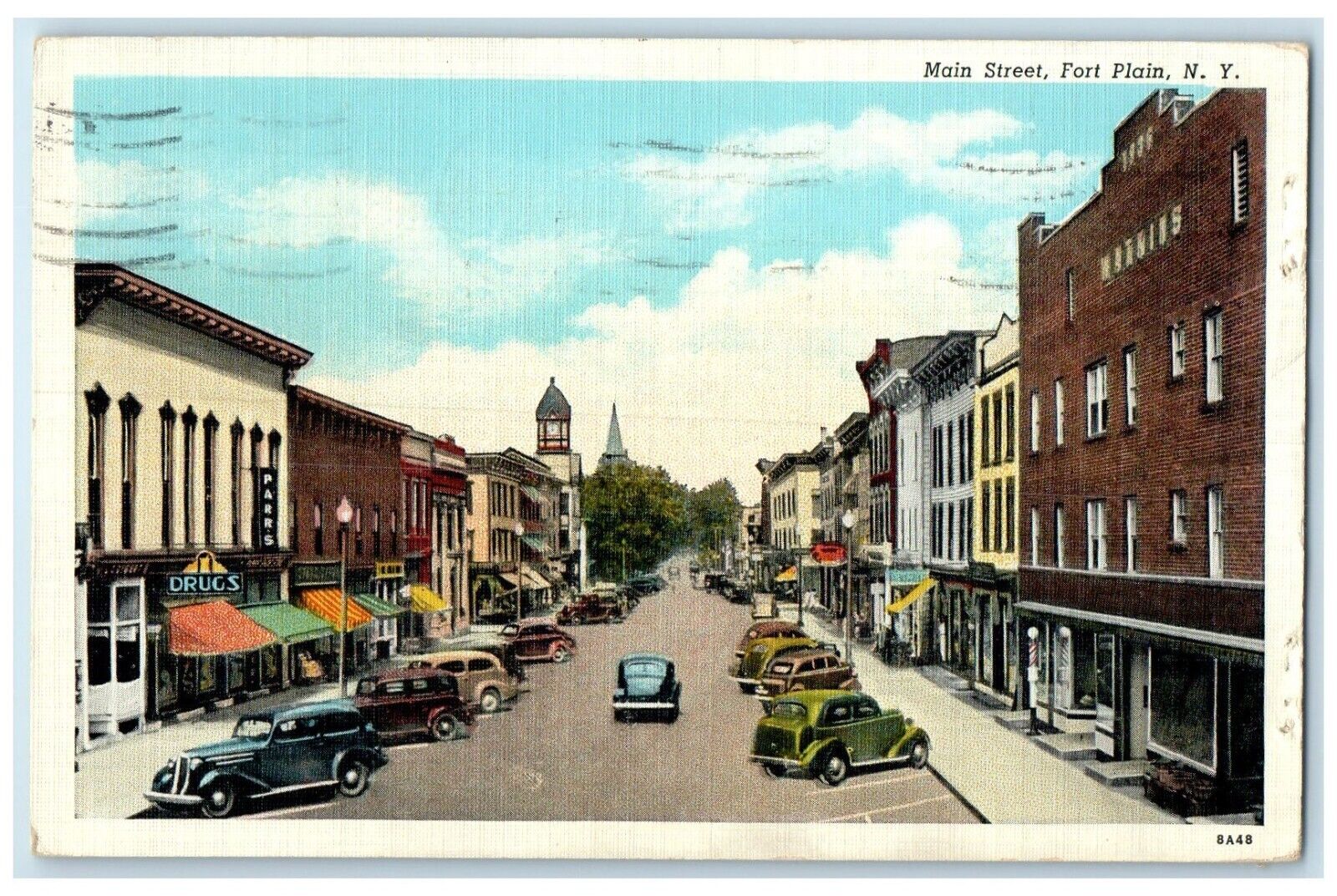 1938 Main Street Classic Cars Buildings Fort Plain New York NY Antique Postcard