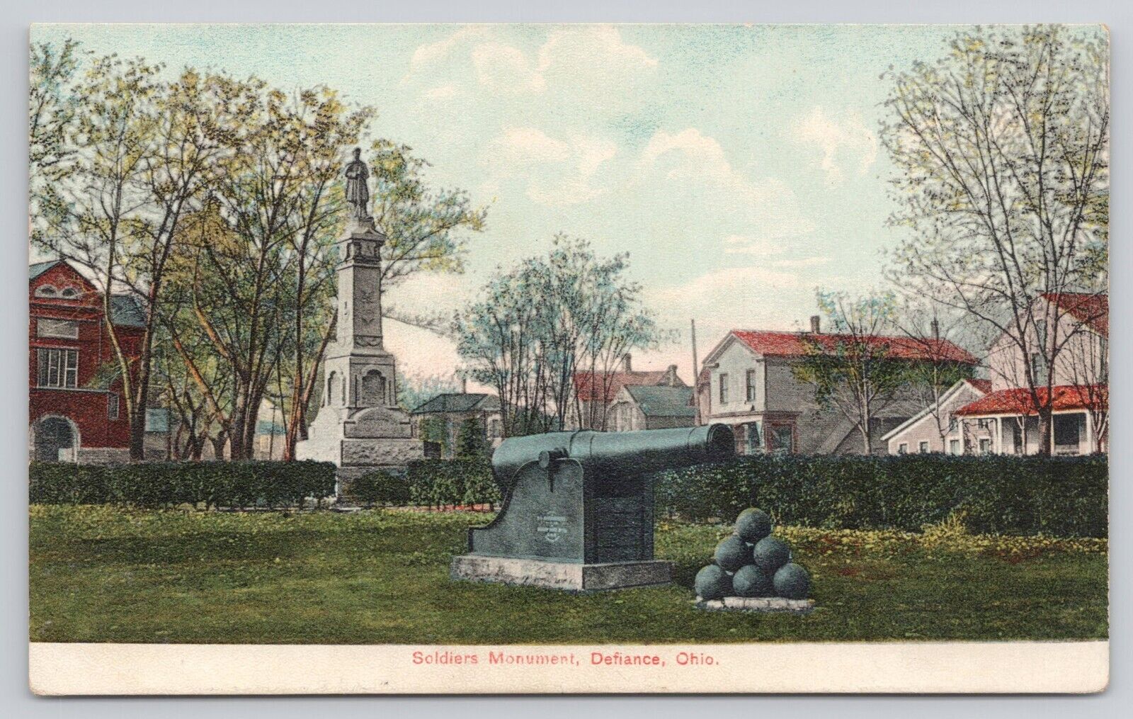 Soldiers Monument Defiance Ohio OH Cannon Cannonballs Vintage Postcard