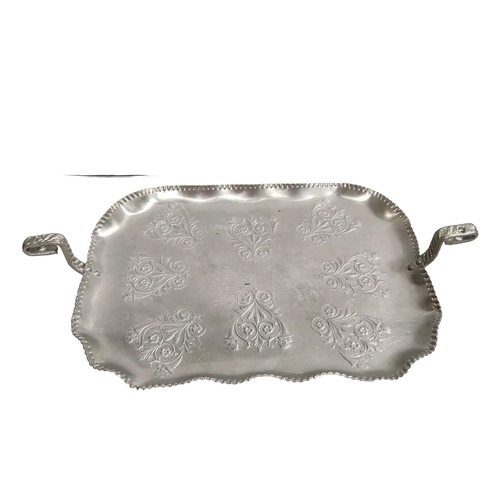 Vintage Aluminum Serving Tray With Handles Floral Design 