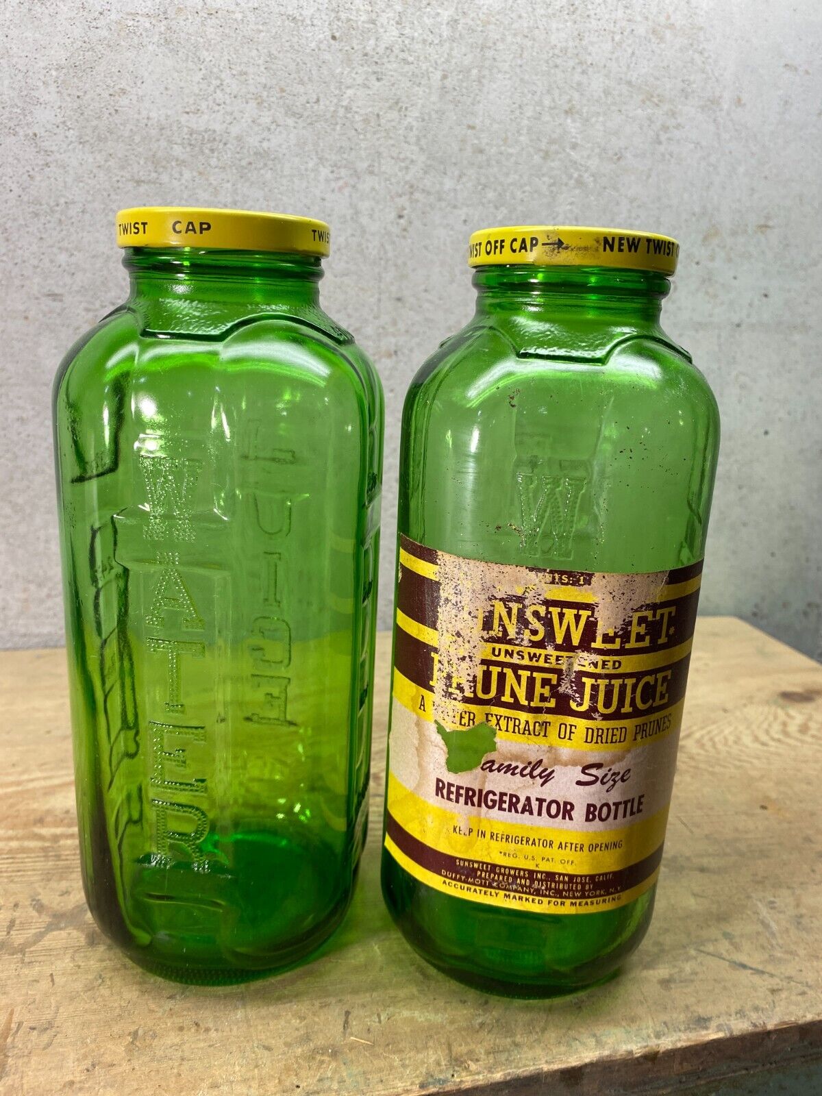 2 Vintage Sunsweet Prune Juice Green Glass Jar Bottle with Label & Lids Lot EE