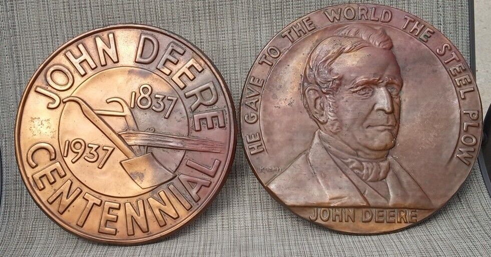 Vintage John Deere 1837-1937 Centennial Medallions Copper Pennies Wall Plaque