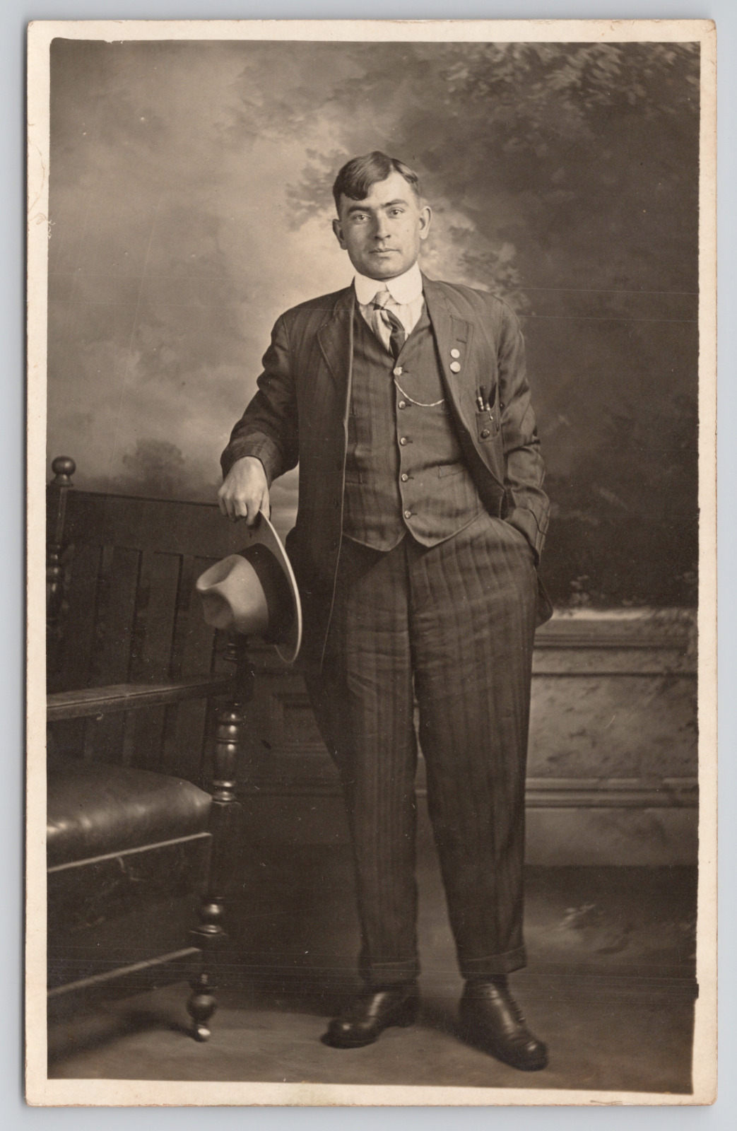 RPPC Man in Studio Holding Hat c1907 Real Photo Postcard