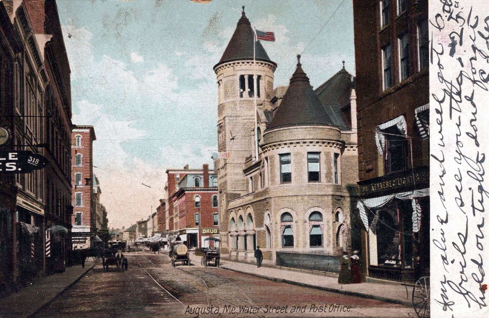 AUGUSTA ME - Water Street And Post Office - udb - 1907