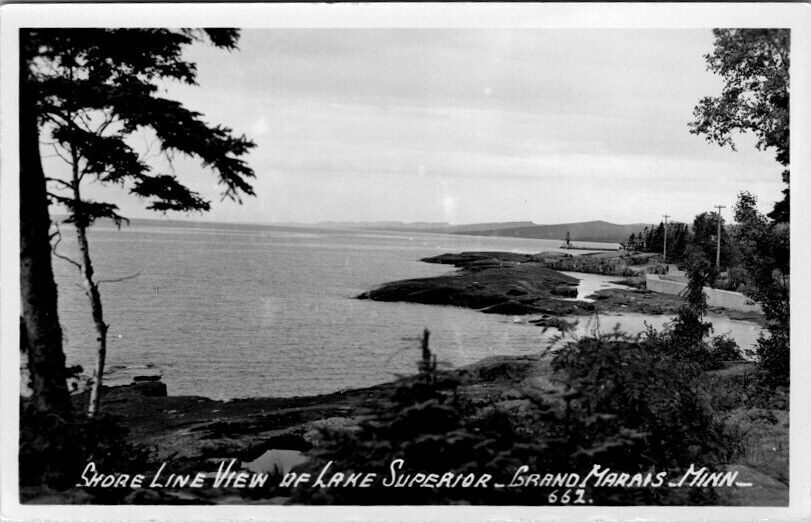 Vintage RPPC Postcard Shore Line Lake Superior Grand Marais MN Real Photo c1950s