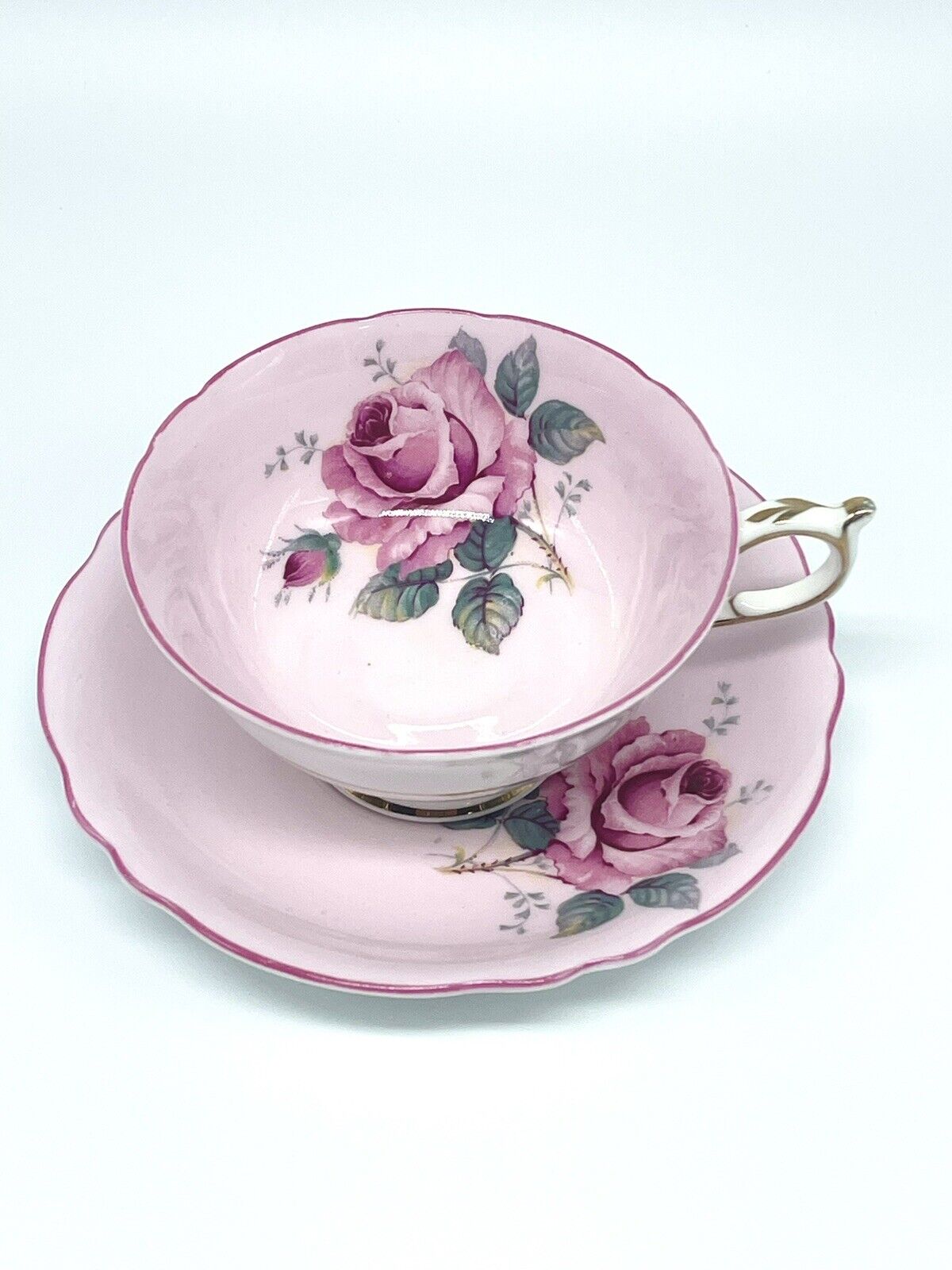 Vintage Paragon pink Cabbage Rose tea cup & saucer Double Warrant Mint condition