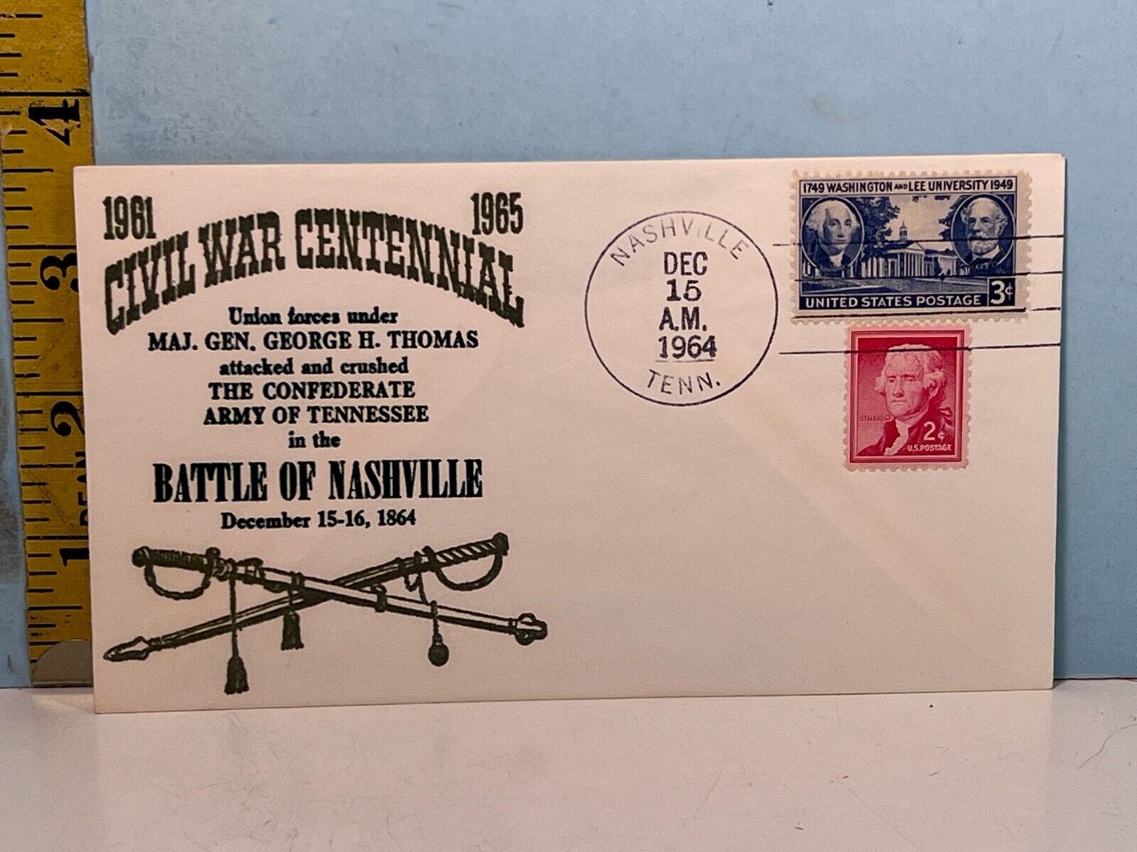 1964 Civil  war centennial Battle of  Nashvi env-w/Gorge Washington-Lee stamp.