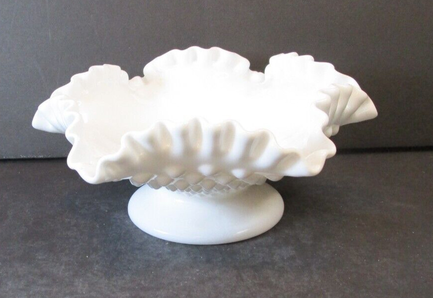 Fenton White Milk Glass Hobnail Candlestick Holder Footed Crimped w Ruffles 8\