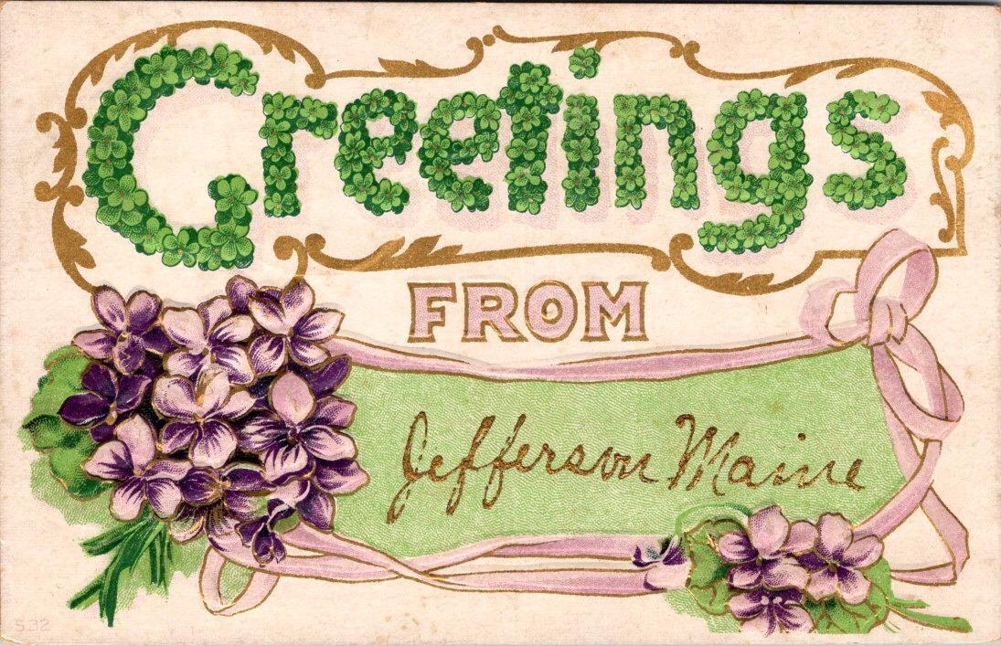 ME, Maine  JEFFERSON Greetings PURPLE FLOWERS~RIBBON  1910 Embossed Postcard