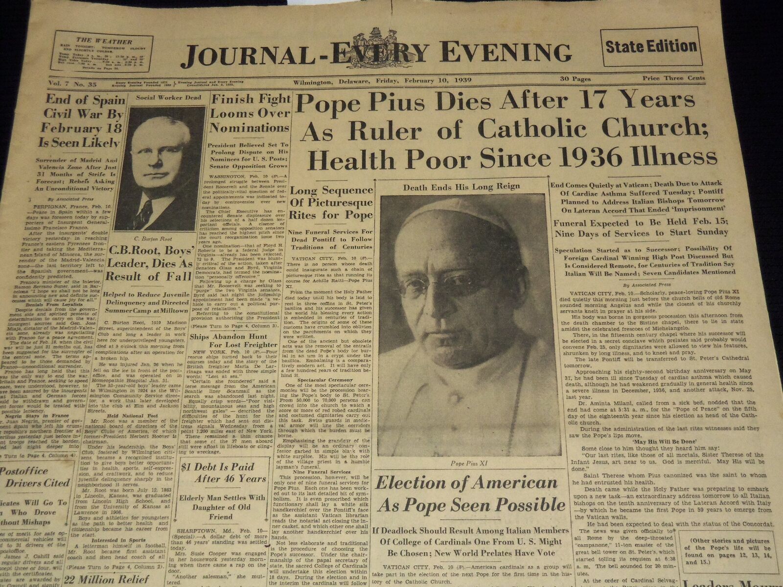 1939 FEBRUARY 10 JOURNAL EVERY EVENING NEWSPAPER - POPE PIUS DIES - NT 9447