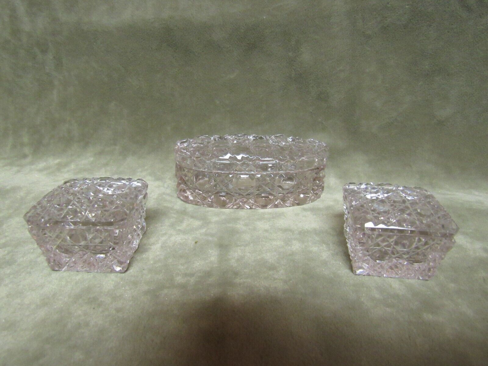 Victorian Cut Glass Button & Cane Pattern Small Box lot of 3-2 Square 1 Oval