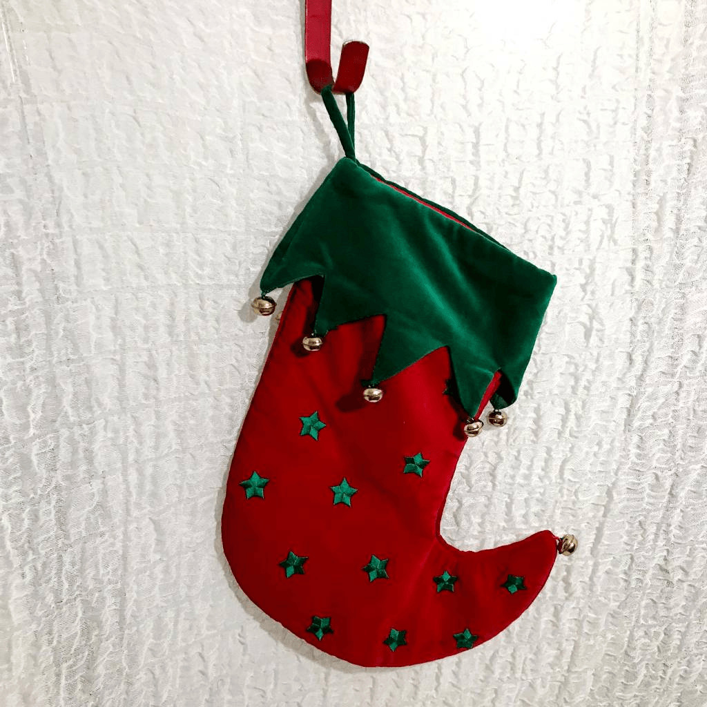 Vtg Red & Green Jingle Bell Velvet Christmas Stocking