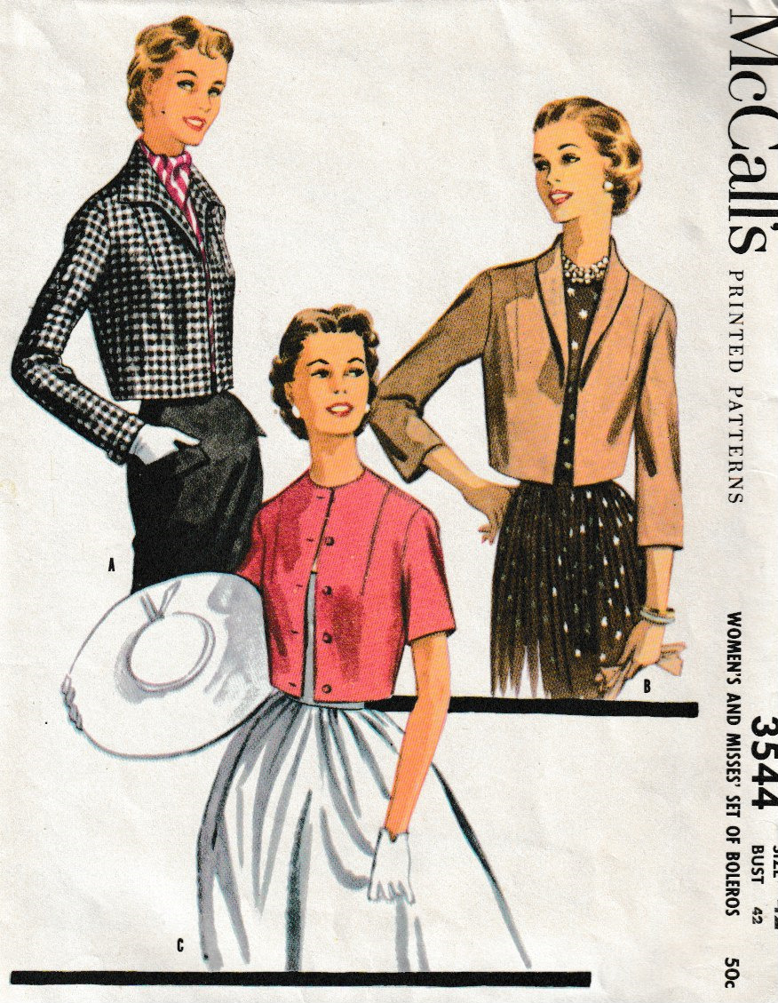McCall's Pattern 3544 c1955 Set of Misses Bolero Jackets, Size 42, FF