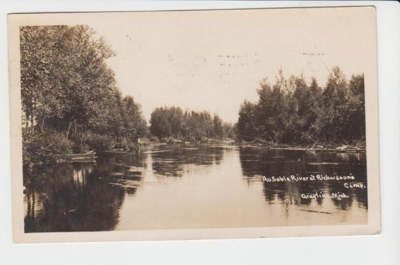 Postcard MI Grayling Michigan AuSable River At Richardson's Camp RPPC C.1932 G9
