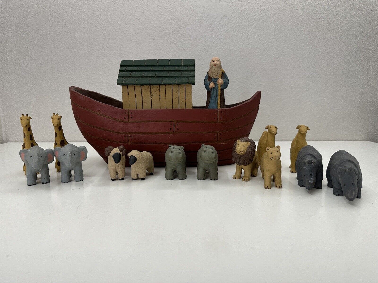 Handmade Noahs Ark Set Vintage 16 Piece Set Christian Sculpture Church Boat