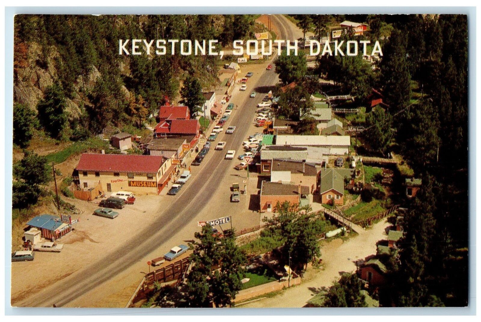 c1950's Aerial View Town Building Classic Cars Keystone South Dakota SD Postcard