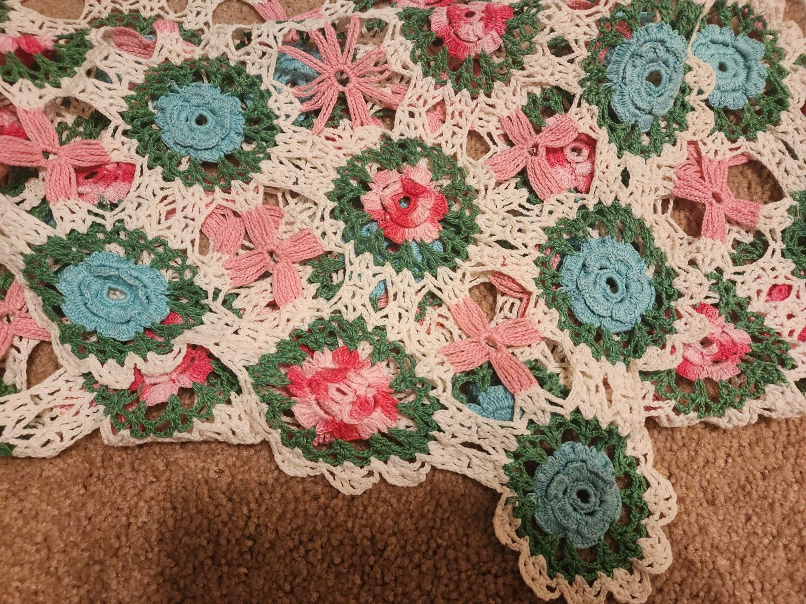 Hand Crochet Blue,Pink,White Tablecloth Rectangle Floral Scallop Edge 80” X 88”