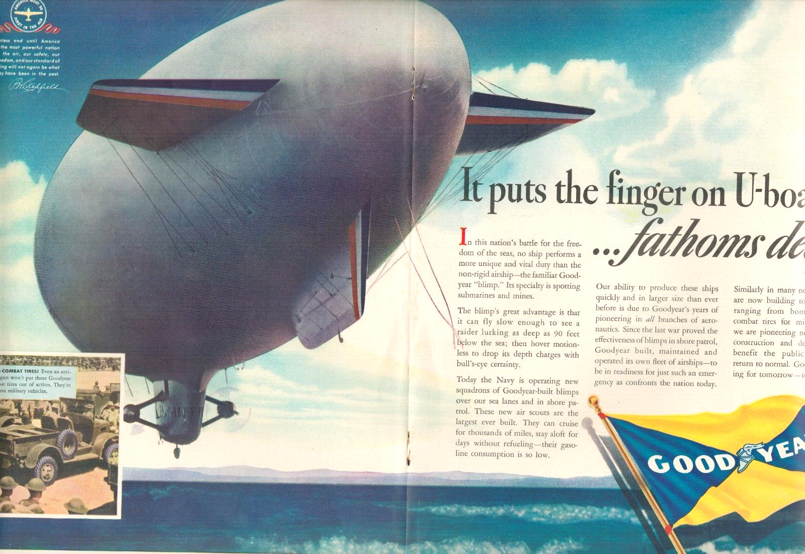 1942 WWII GOODYEAR BLIMP 2 page vintage print ad U Boats jeep military army L5