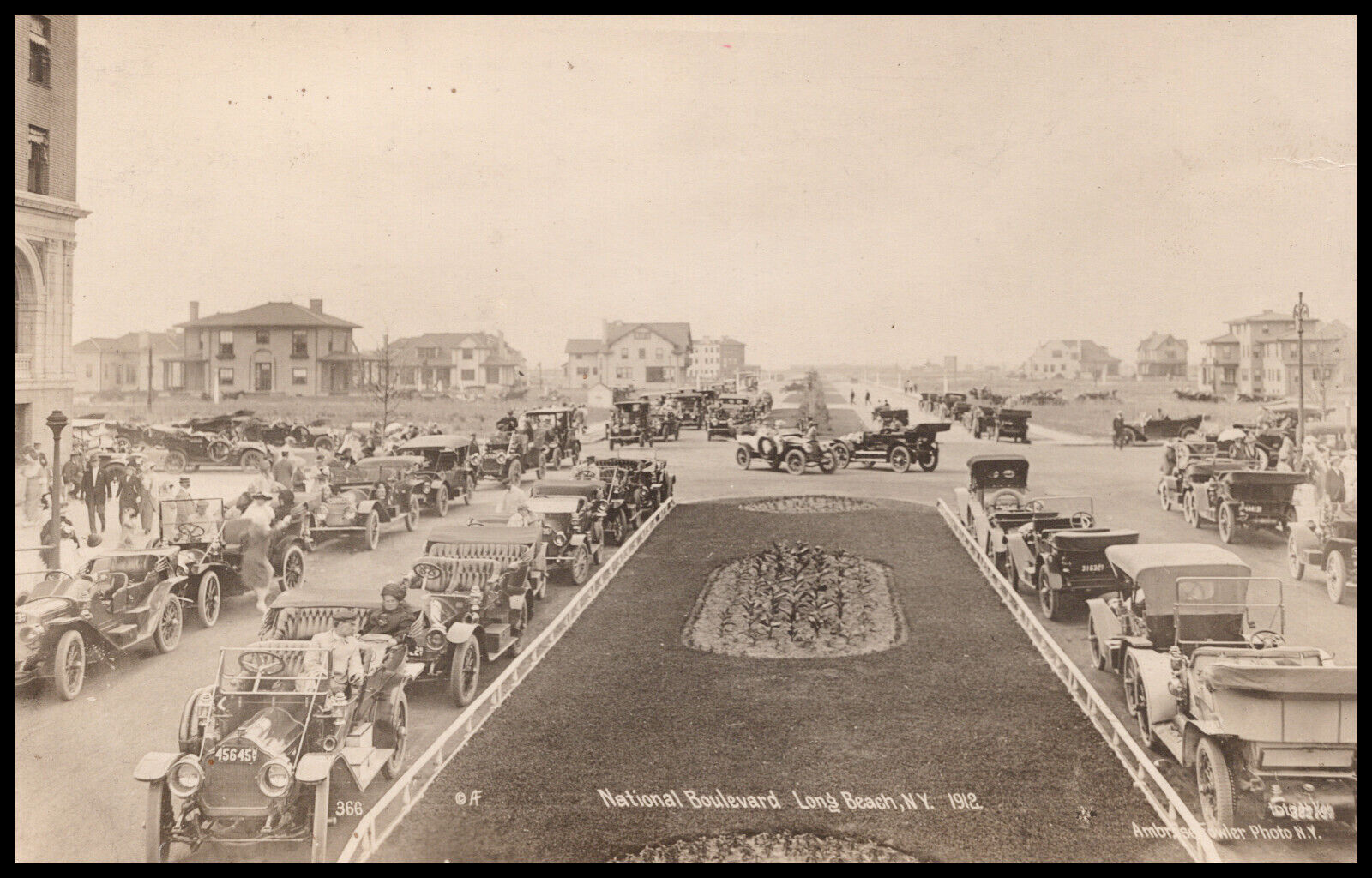 Long Beach, New York, 1912 Early Autos, Chauffeurs, National Blvd, Postcard RPPC