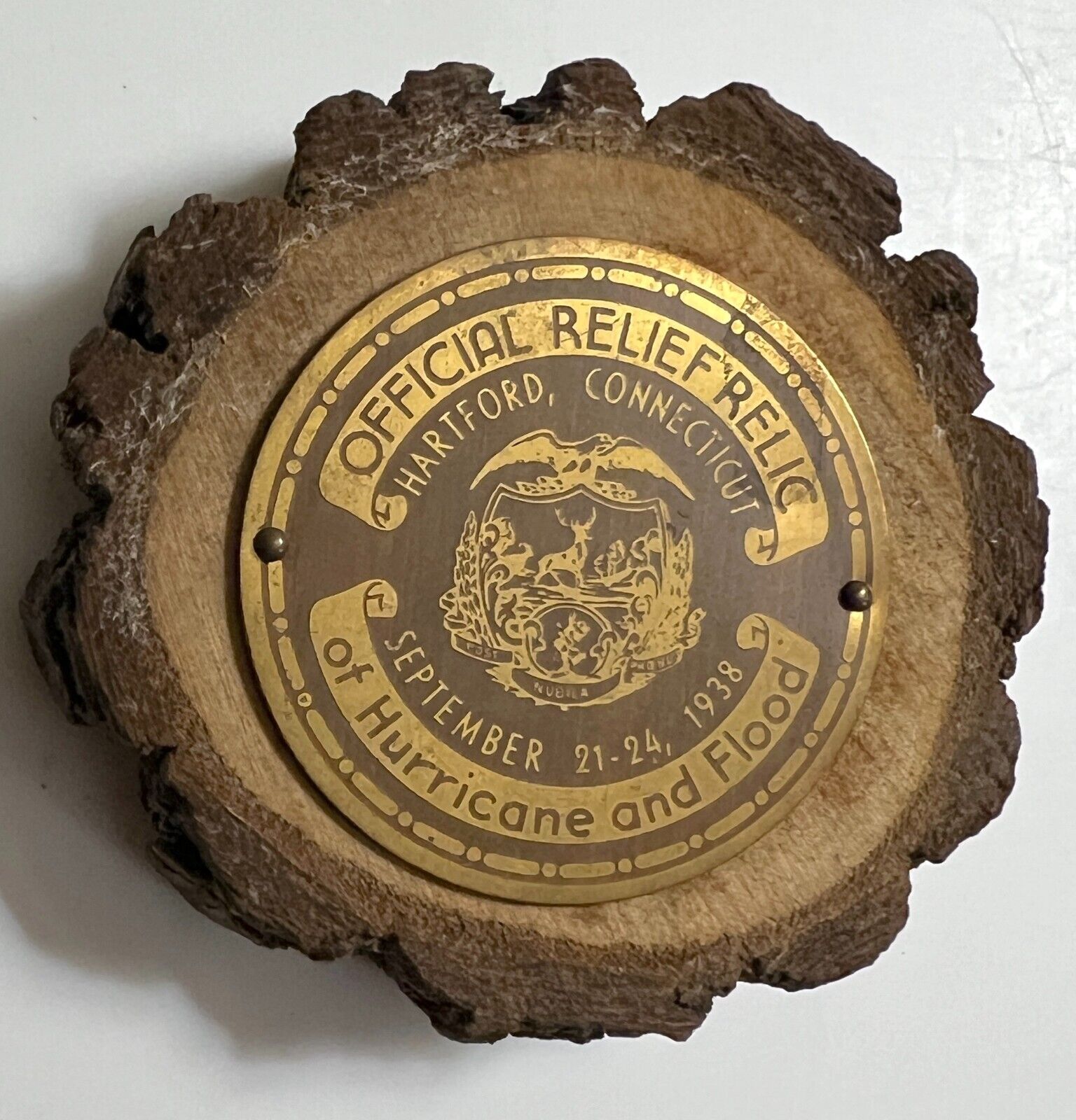 1938 Wooden Official Relief Relic Of Hurricane And Flood Hartford CT ~Sept 21-24