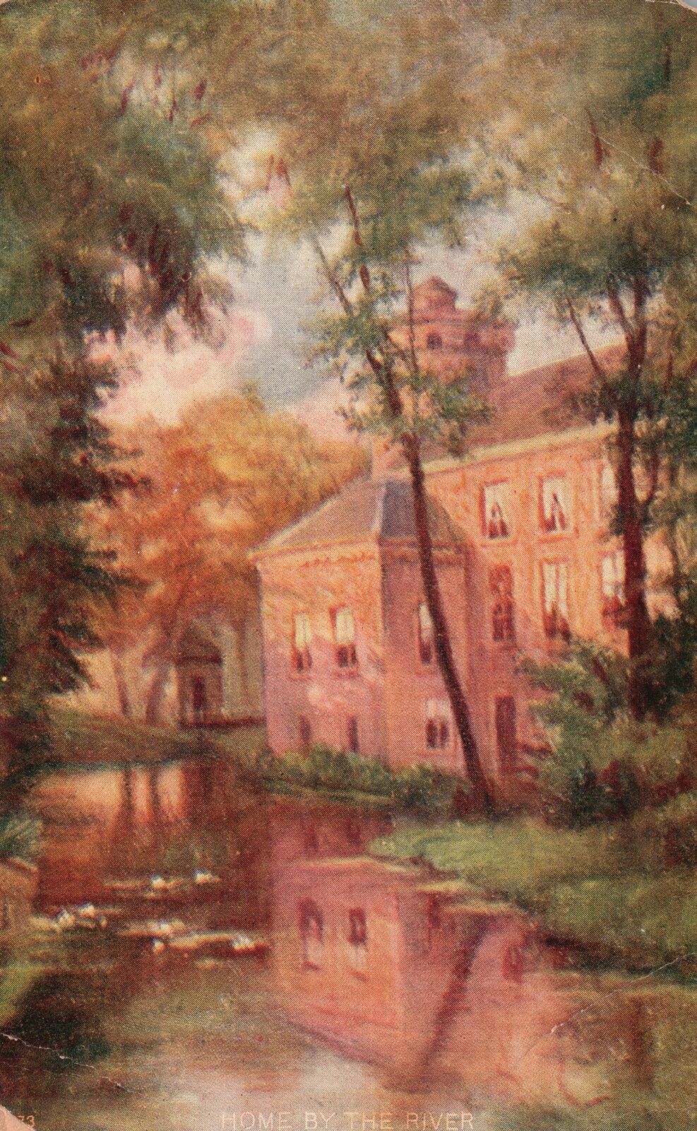 Vintage Postcard 1910's Home By The River House Riverside Water flow Nature Art