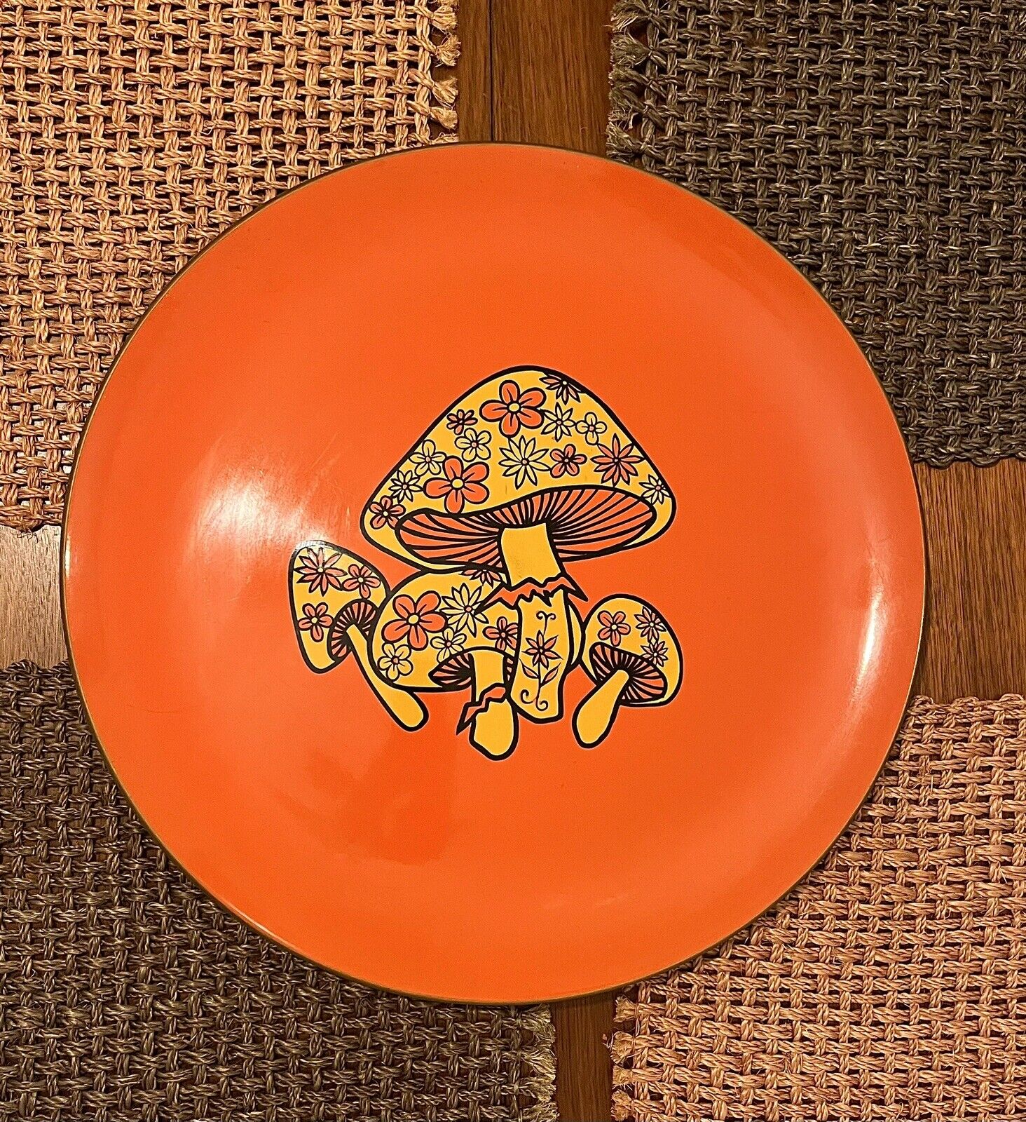Vintage Retro 1960s 70s Merry Mushroom Serving Tray Plate Orange Yellow 15 1/2\