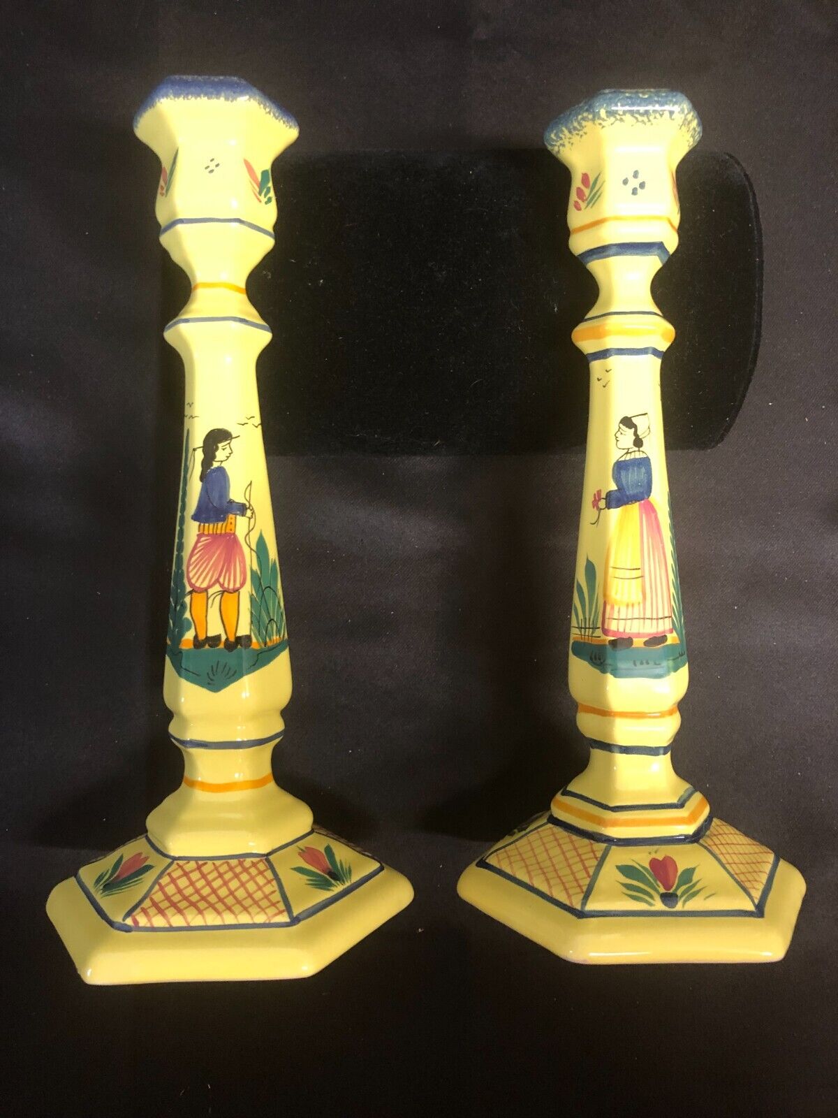 PAIR of French HB QUIMPER CANDLESTICKS, Model 301, MAN & WOMAN Excellent Cond.