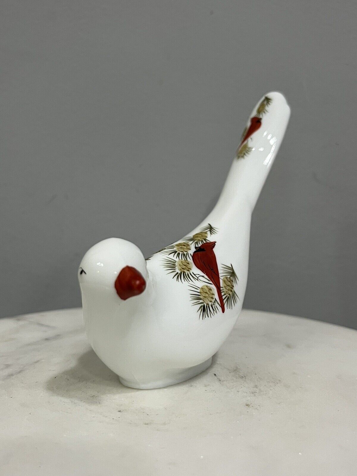 Vintage Signed Fenton White Long Tail Bird Figurine Hand Painted w/ Cardinals