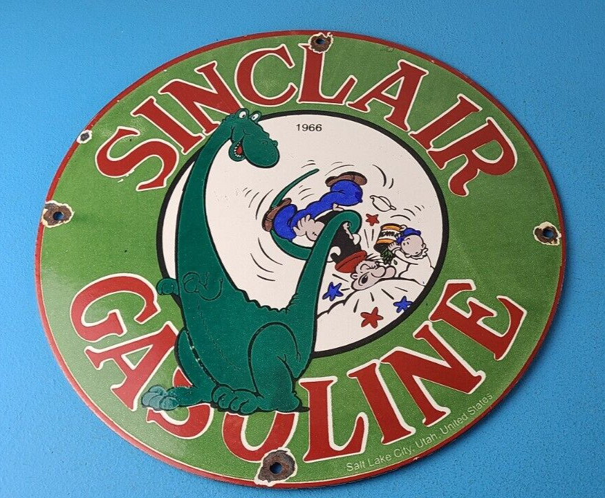 Vintage Sinclair Porcelain Sign - Flintstones Cave Man Popeye Dino Gas Pump Sign