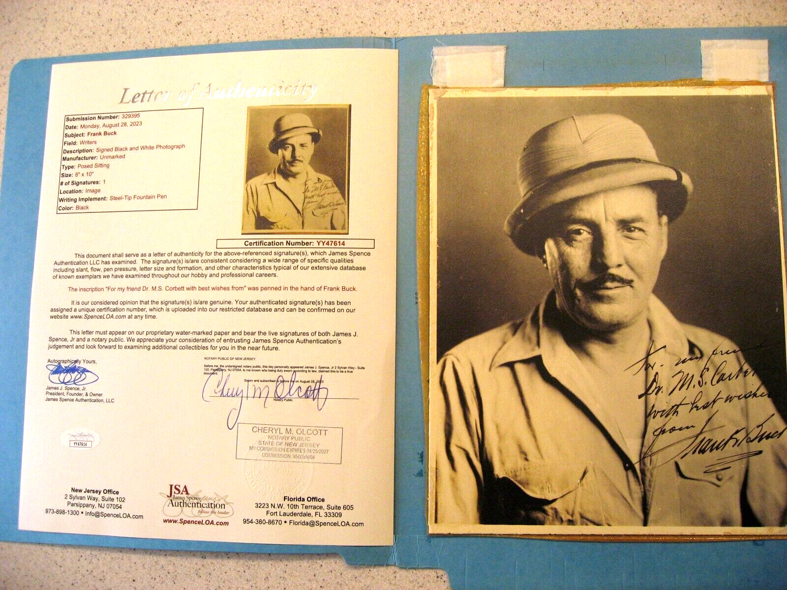 Vtg Frank Buck Autographed Photograph with Personal Message JSA Authenticated
