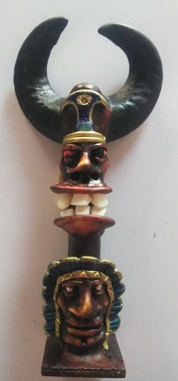 Inca demon - Decorated collection knife - Supay face with real horn and alpaca