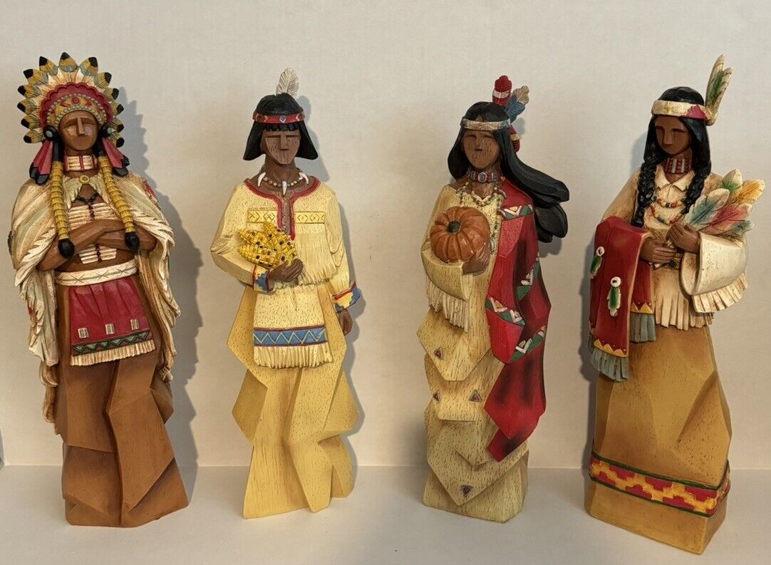 Pacific Rim Native American Statues-set Of 4 Look Like Wood, Thanksgiving 18”