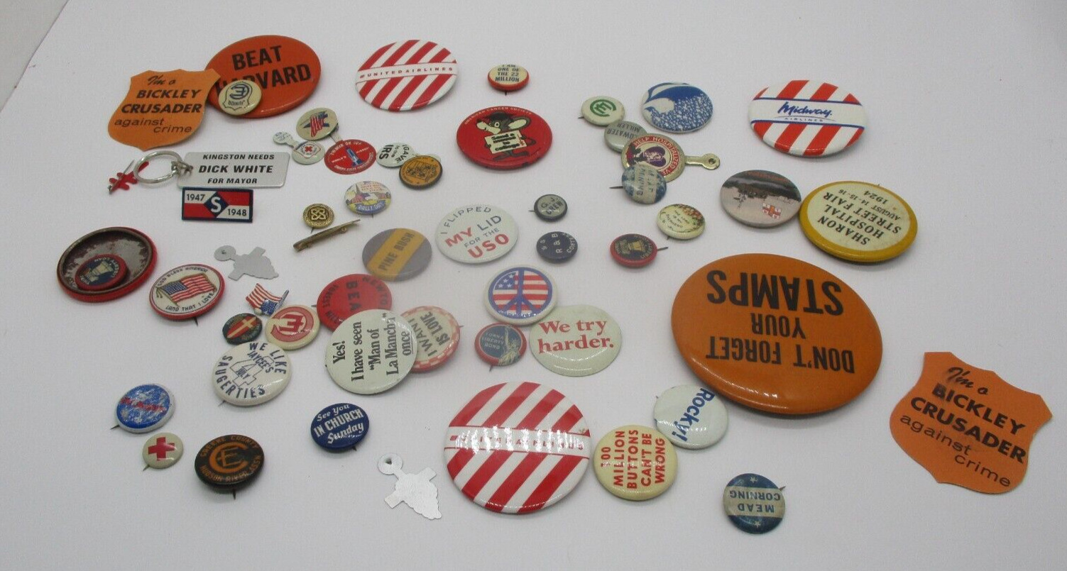 Mixed Vintage Pin Pinback Button Lot Political, Airlines, Harvard Etc