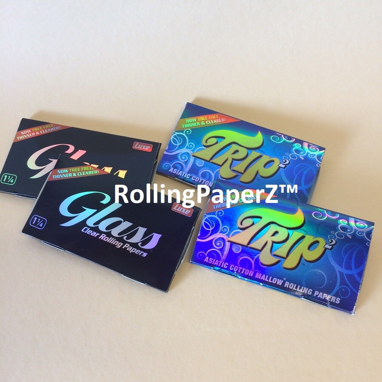 4 Packs Clear Rolling Papers 1 1/4 Size (2) TRIP and (2) GLASS 50 leaves per pk