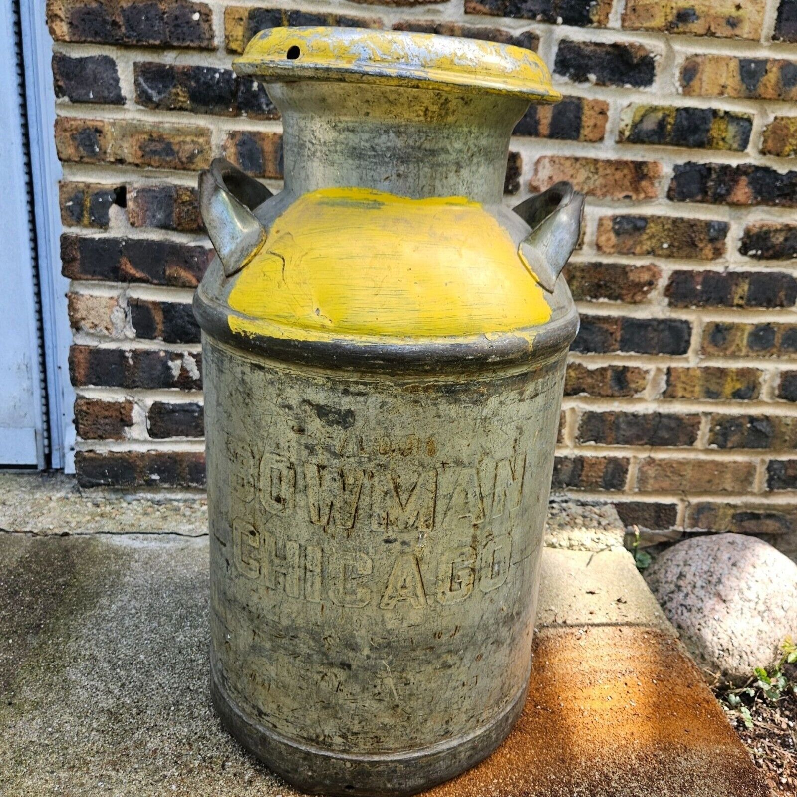 Antique Steel Dairy Milk Cream Can Pail Lid Bowman Chicago Yellow 25” Barn USA